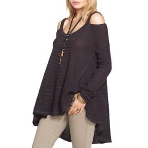 Free People Moonshine Waffle Knit Cold Shoulder Sweater Gray Size Medium Boho